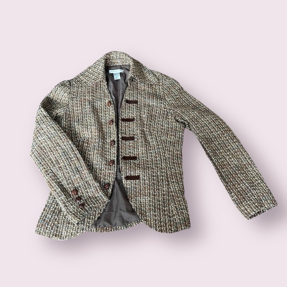 Women’s Vintage Newport News Brown Blue Tweed Faux Button Front Blazer Size 10 - Picture 1 of 12